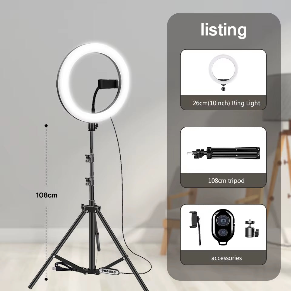 10" 26Cm LED Selfie Ring Light Photography Video Light Ringlight Phone Stand Tripod Fill Light Dimmable Lamp Trepied Streaming